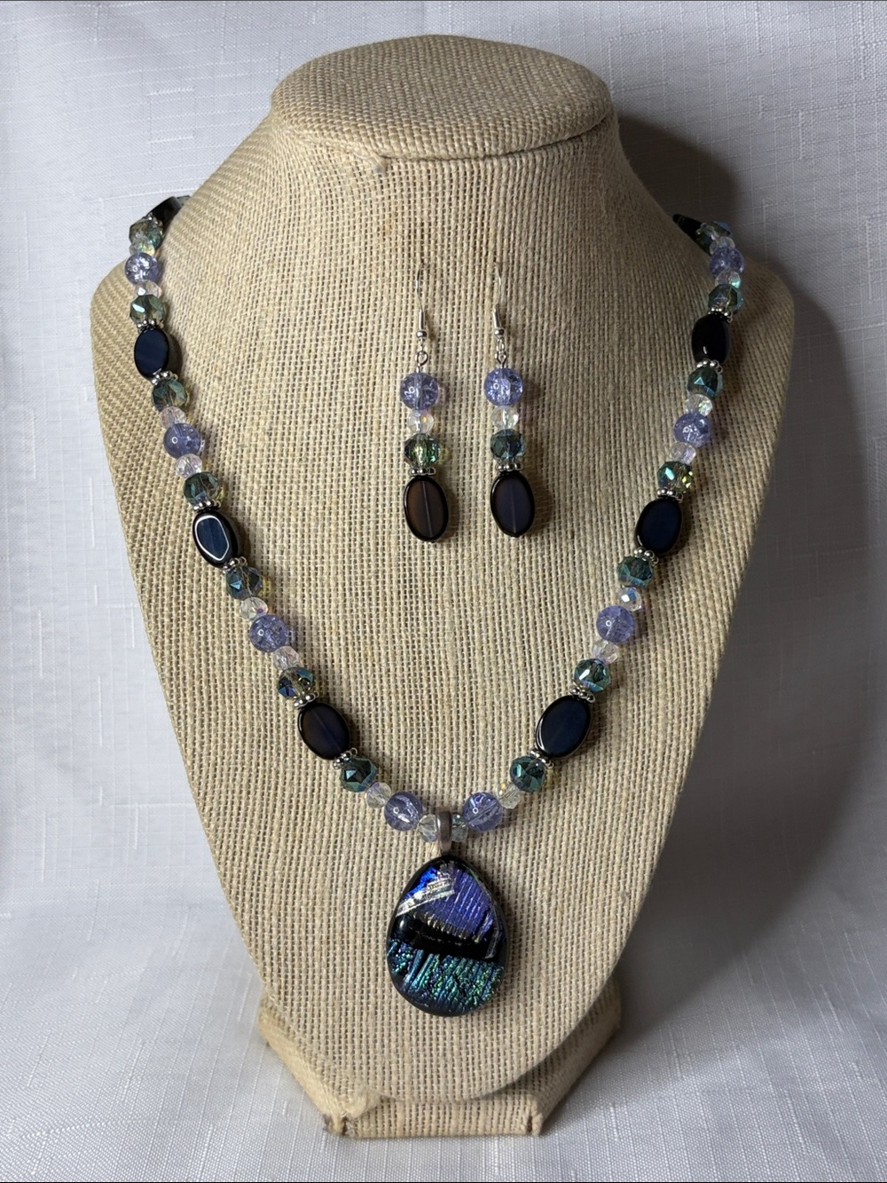 Handcrafted Dichroic Glass and Obsidian Necklace and Earring Set